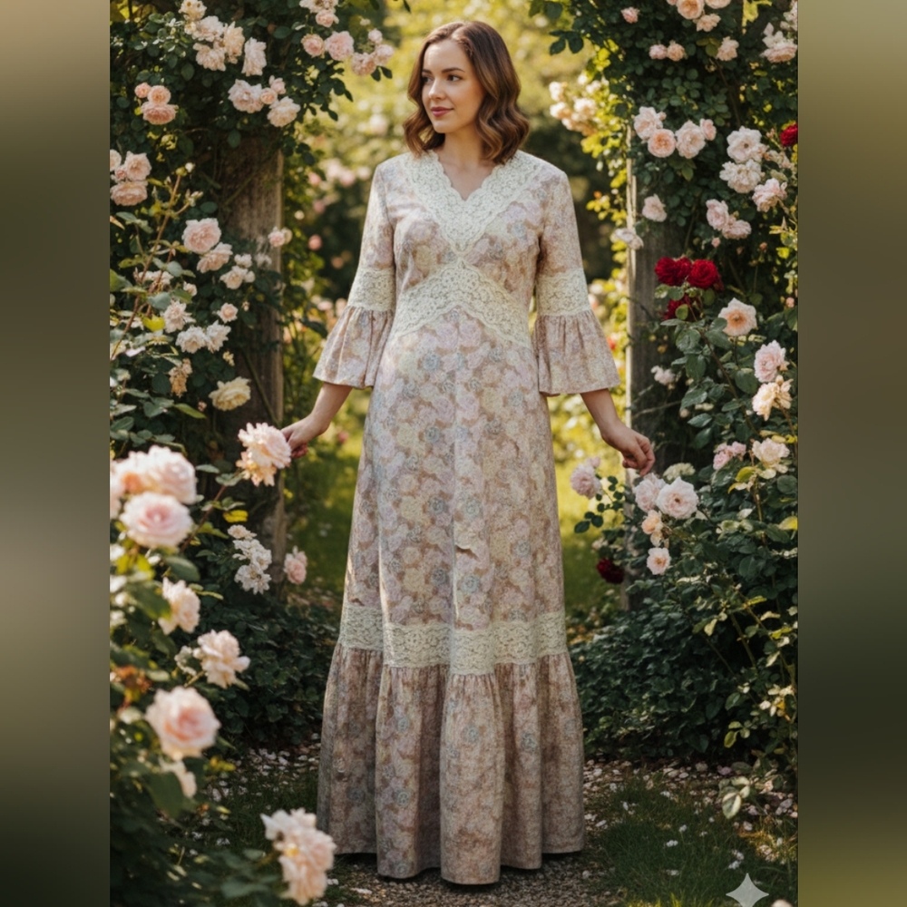 Vintage 1970's Women's Pink Floral Lace Bell Long Sleeve Maxi Ballgown Dress Med